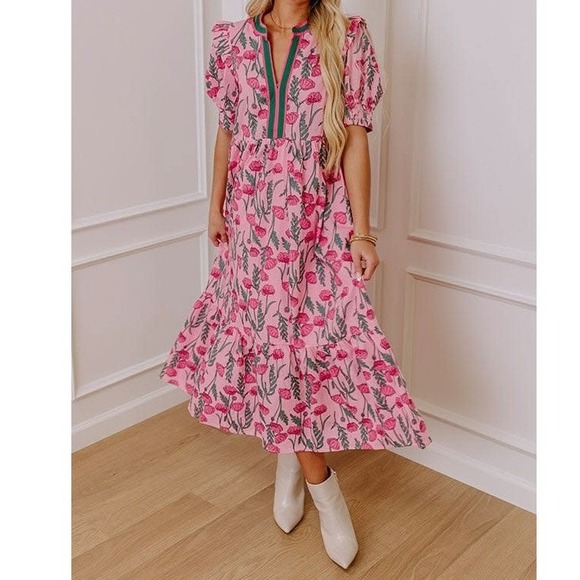 entro Dresses & Skirts - Entro Poppy Floral Midi Dress M Cottagecore Ruffle Tiered Preppy Cotton Pink